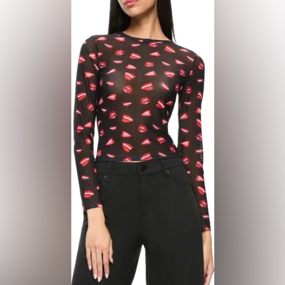 NWT Alice + Olivia Lip Sync Delaina Long-Sleeve Mesh Cropped Top XS MSRp $900